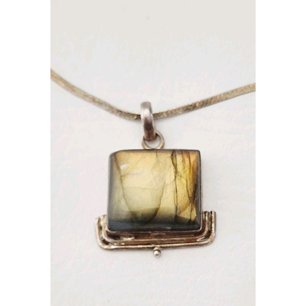 Vintage Large Square Labradorite Sterling Silver Pendant 18" Necklace